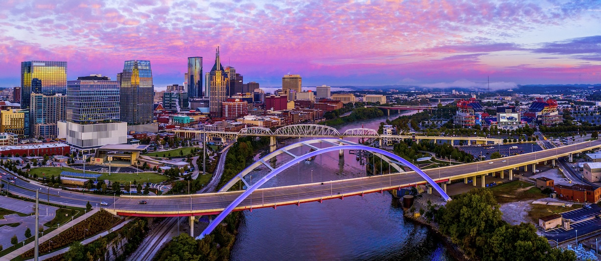 Aerial Photo of Nashville Skyline, pretty sunset